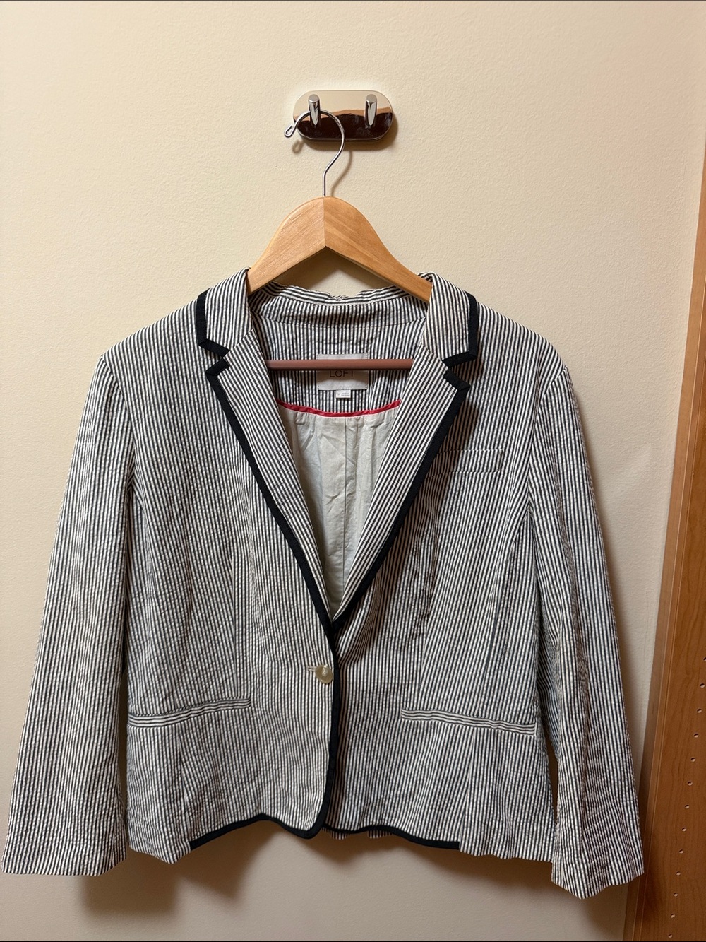 LOFT White and Navy Striped Blazer with Navy Trim